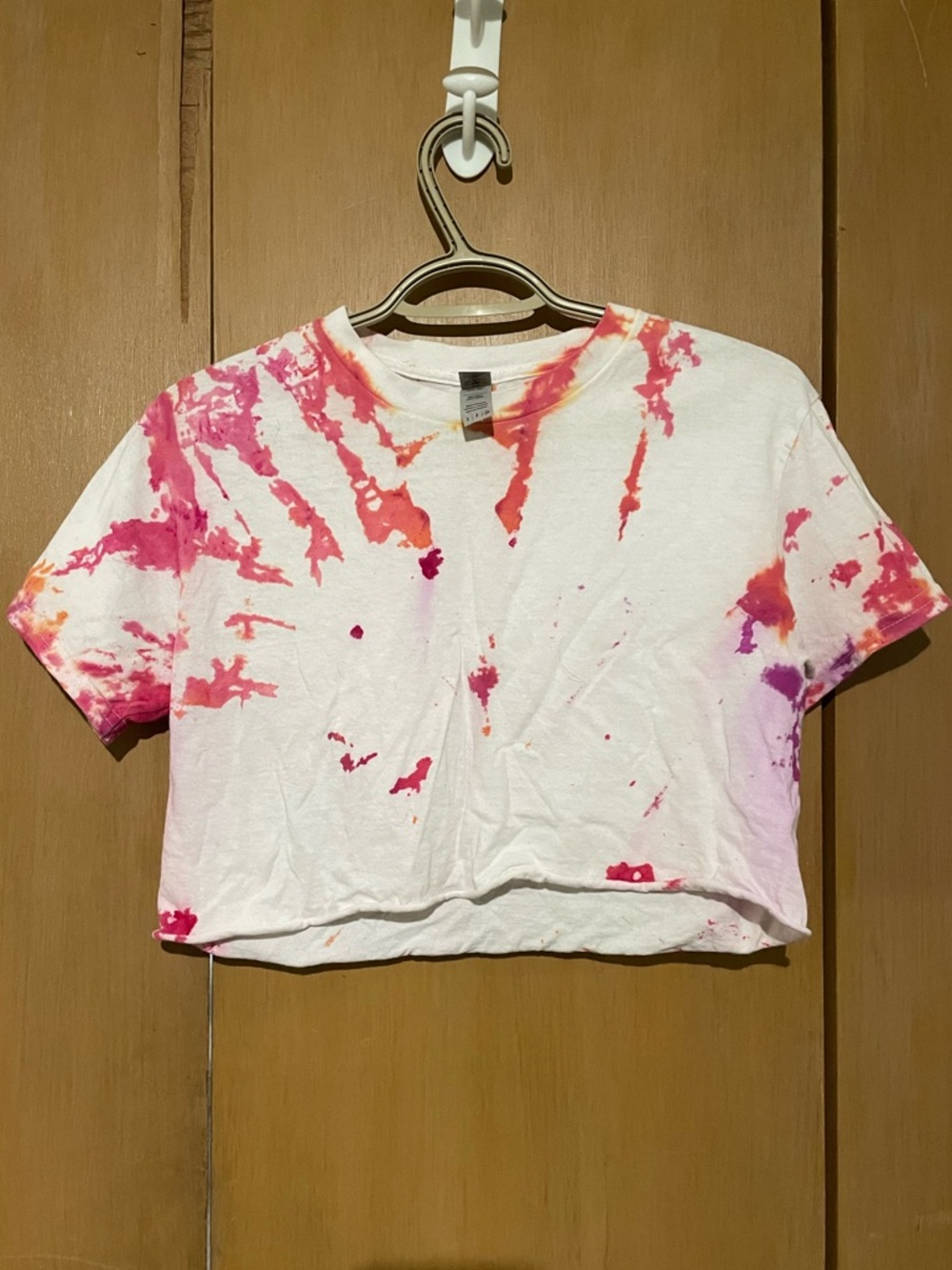 3/$15 Cropped Tie-Dye Tee in White with Pink & Orange Splashes